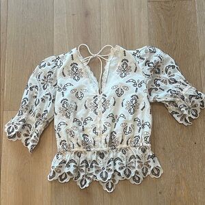 Anthropologie cream and brown Embroidered Blouse